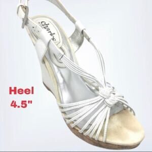 Charles white leather heels , wedge heel white strappy style straps silver clasp